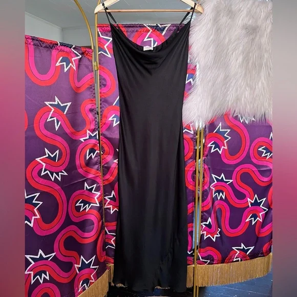 Wilfred Canto Satin Black Slip Dress Bias Cut Midi Drapey Aritzia Viscose 80281 - Picture 3 of 14